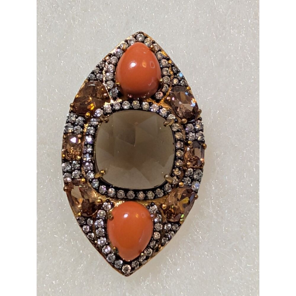 Ornate Indian Mughal Style Smoky Quartz & Coral Statement Cocktail Ring – Size 7